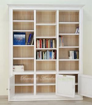 Libreria in legno con 3 ante finitura colore bianco anticato e schienali in rovere sbiancato